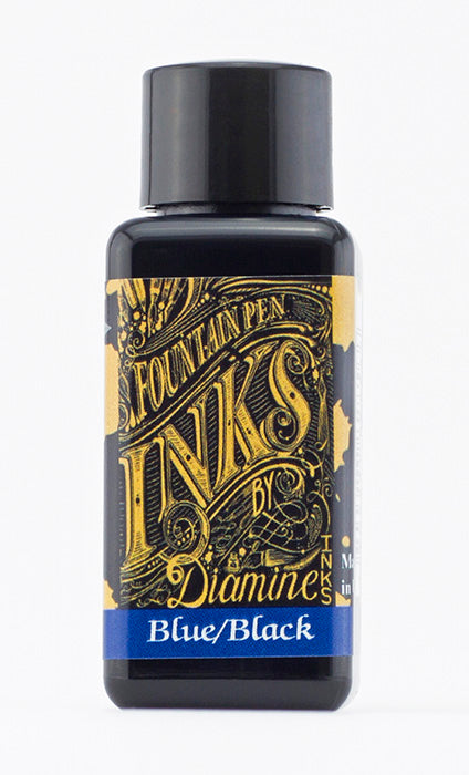 Diamine Blue Black fountain pen ink bottle and packaging on a white background.