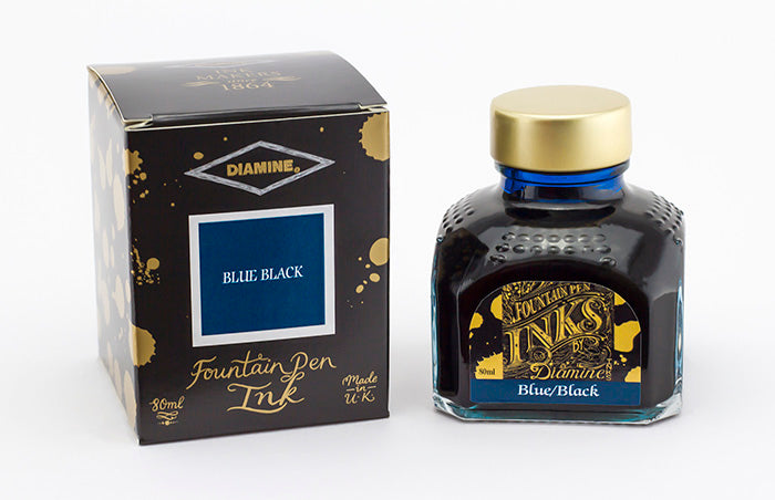 Diamine Blue Black fountain pen ink bottle and packaging on a white background.