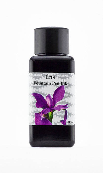 Diamine Iris fountain pen ink bottle and packaging on a white background.