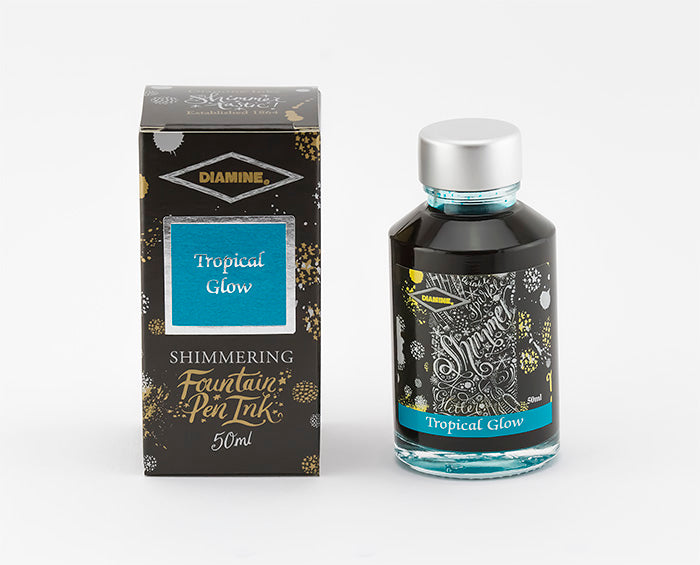 Diamine Tropical Glow fountain pen ink bottle and packaging on a white background.