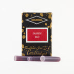 Diamine Passion Red fountain pen ink cartridges and packaging box on a white background.