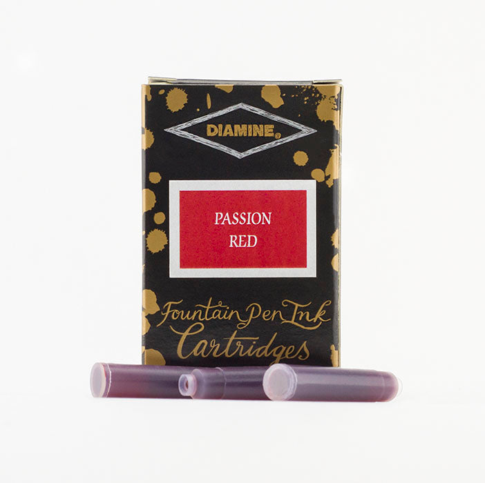 Diamine Passion Red fountain pen ink cartridges and packaging box on a white background.