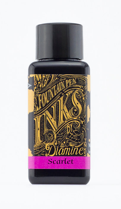 Diamine Scarlet fountain pen ink bottle and packaging on a white background.