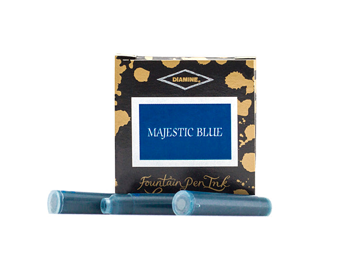 Diamine Majestic Blue fountain pen ink cartridges and packaging box on a white background.