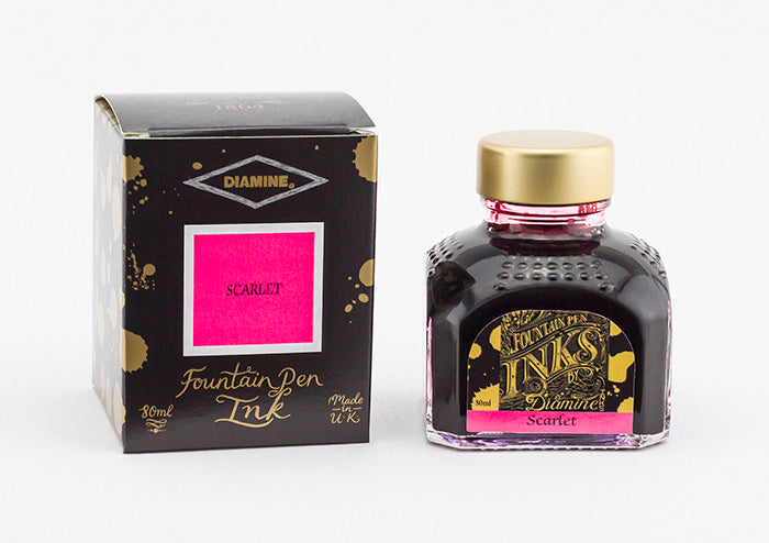 Diamine Scarlet fountain pen ink bottle and packaging on a white background.