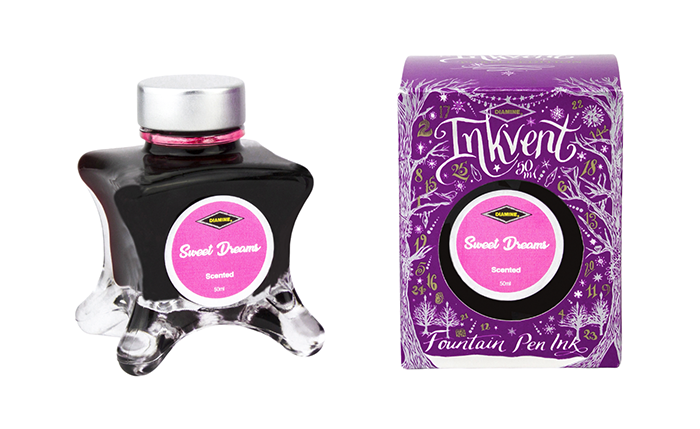 Diamine Sweet Dreams fountain pen ink bottle and packaging on a white background.