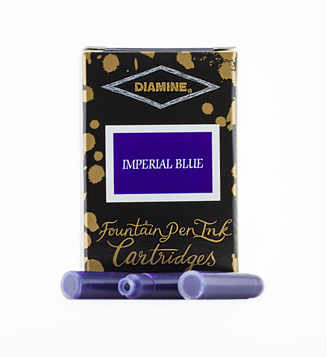 Diamine Imperial Blue fountain pen ink cartridges and packaging box on a white background.