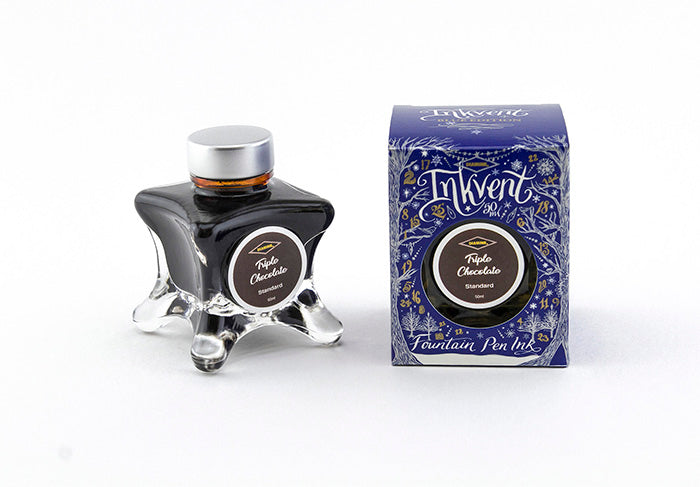 Diamine Triple Chocolate fountain pen ink bottle and packaging on a white background.