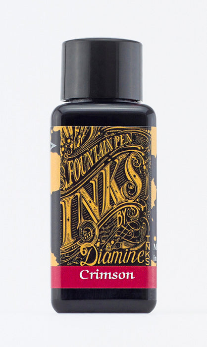 Diamine Crimson fountain pen ink bottle and packaging on a white background.