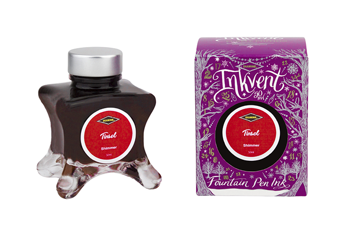 Diamine Tinsel fountain pen ink bottle and packaging on a white background.