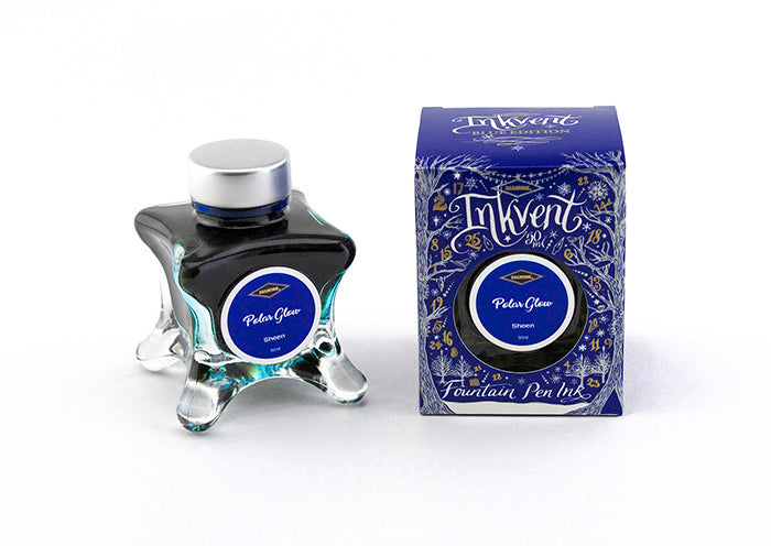 Diamine Polar Glow fountain pen ink bottle and packaging on a white background.