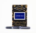 Diamine Sapphire Blue fountain pen ink cartridges and packaging box on a white background.