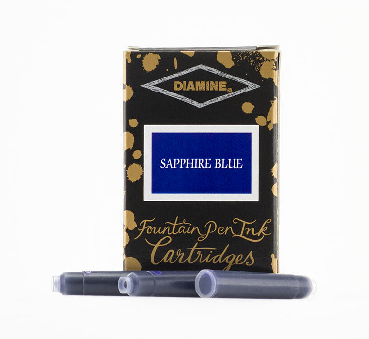 Diamine Sapphire Blue fountain pen ink cartridges and packaging box on a white background.