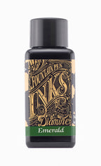 Diamine Emerald fountain pen ink bottle and packaging on a white background.