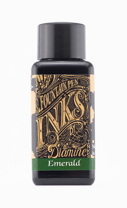Diamine Emerald fountain pen ink bottle and packaging on a white background.