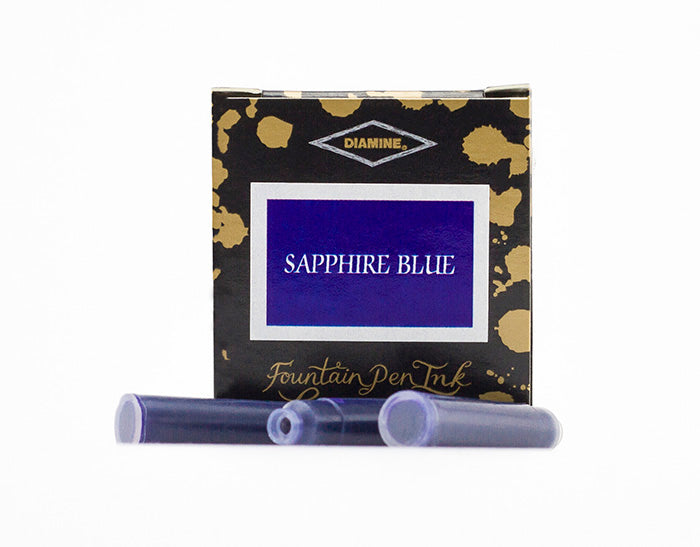Diamine Sapphire Blue fountain pen ink cartridges and packaging box on a white background.