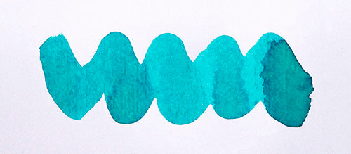 Wavy teal line on a white background. Diamine Bliss fountain pen ink colour swatch.