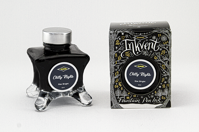 Diamine Chilly Nights fountain pen ink bottle and packaging on a white background.