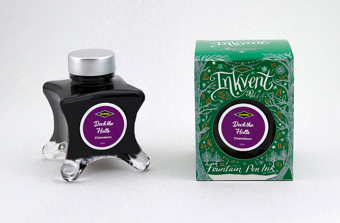 Diamine Deck the Halls fountain pen ink bottle and packaging on a white background.