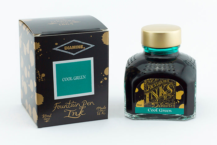Diamine Cool Green fountain pen ink bottle and packaging on a white background.
