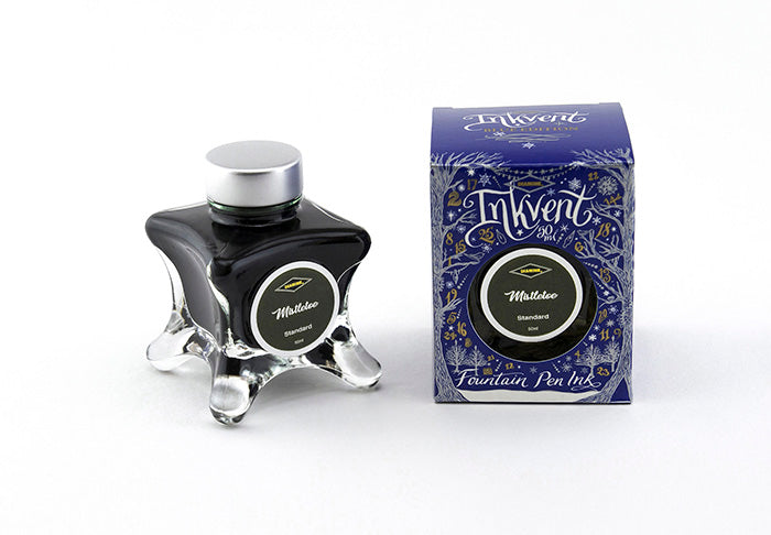 Diamine Mistletoe fountain pen ink bottle and packaging on a white background.