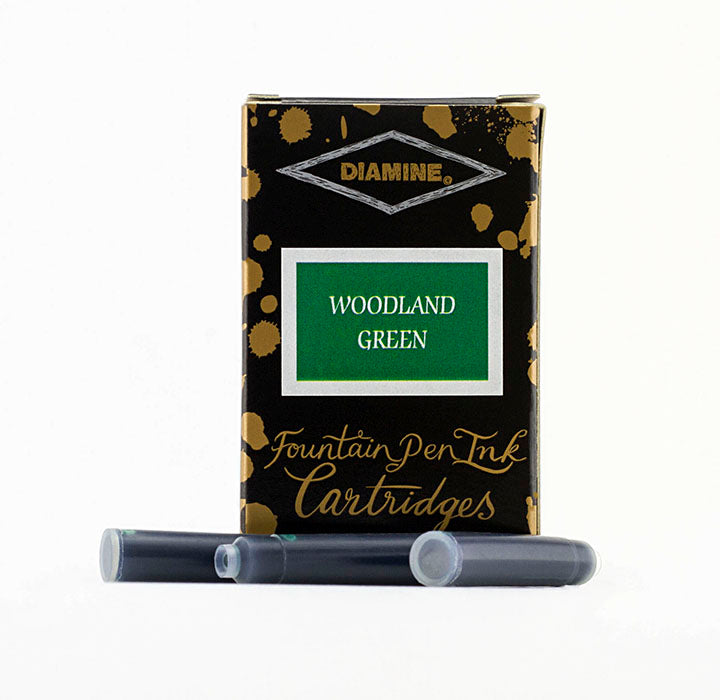 Diamine Woodland Green fountain pen ink cartridges and packaging box on a white background.