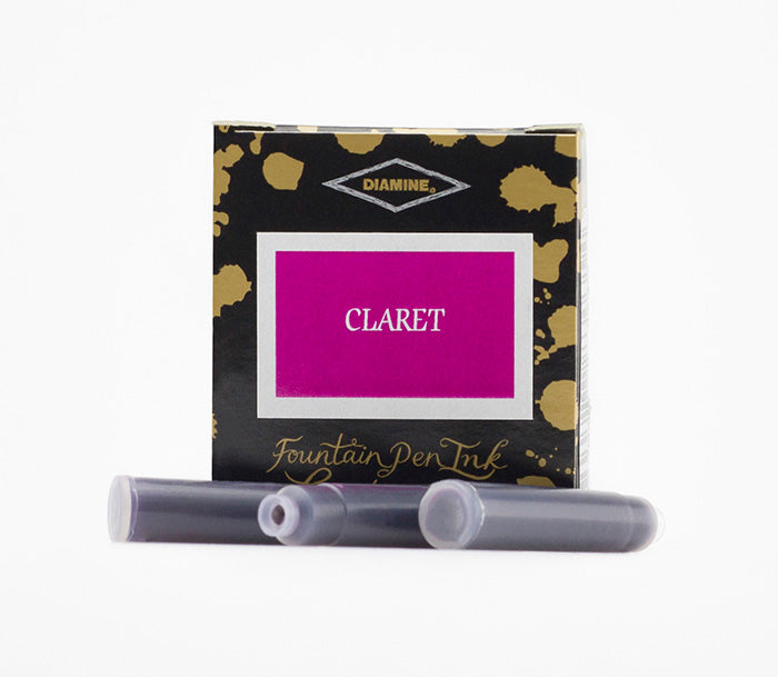 Diamine Claret fountain pen ink cartridges and packaging box on a white background.