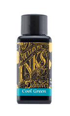 Diamine Cool Green fountain pen ink bottle and packaging on a white background.