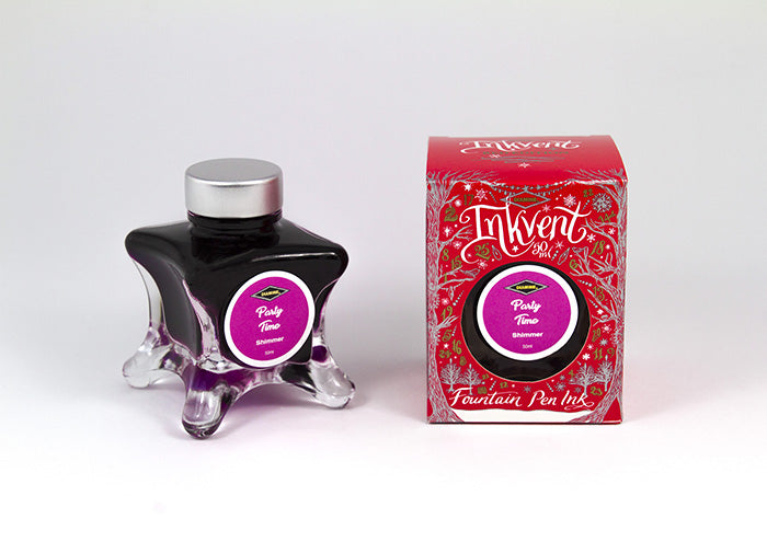 Diamine Party Time fountain pen ink bottle and packaging on a white background.
