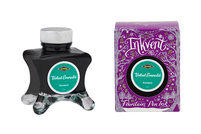 Diamine Velvet Emerald fountain pen ink bottle and packaging on a white background.
