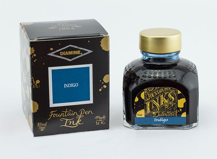 Diamine Indigo fountain pen ink bottle and packaging on a white background.