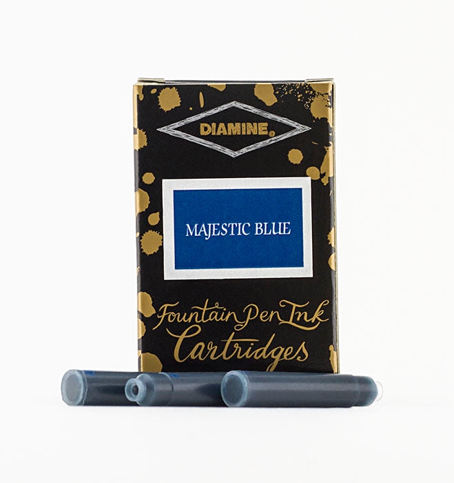 Diamine Majestic Blue fountain pen ink cartridges and packaging box on a white background.