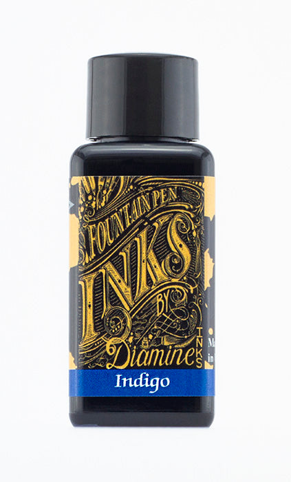 Diamine Indigo fountain pen ink bottle and packaging on a white background.