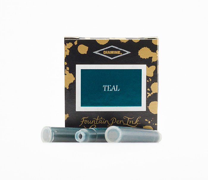 Diamine Teal fountain pen ink cartridges and packaging box on a white background.
