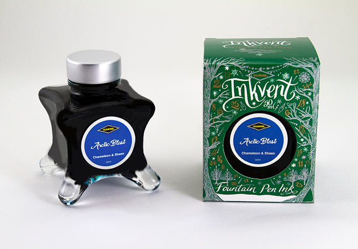 Diamine Arctic Blast fountain pen ink bottle and packaging on a white background.