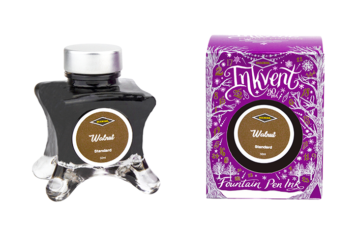 Diamine Walnut fountain pen ink bottle and packaging on a white background.
