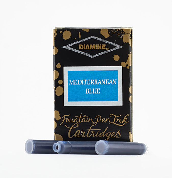 Diamine Mediterranean Blue fountain pen ink cartridges and packaging box on a white background.