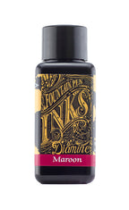 Diamine Maroon fountain pen ink bottle and packaging on a white background.