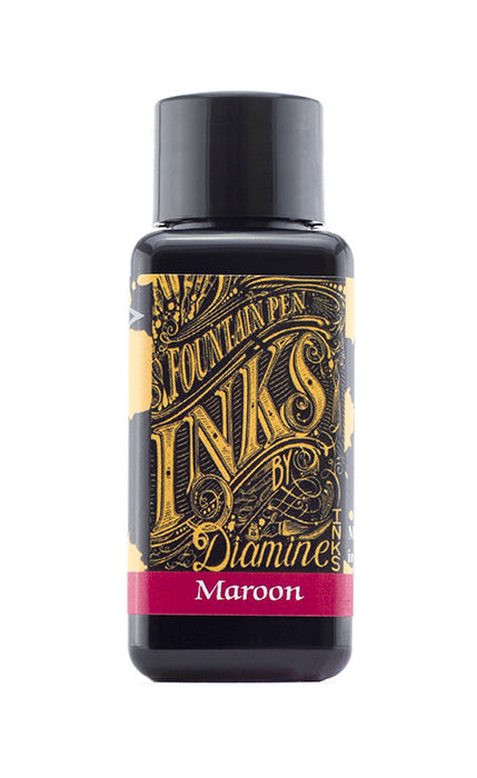 Diamine Maroon fountain pen ink bottle and packaging on a white background.