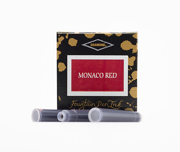Diamine Monaco Red fountain pen ink cartridges and packaging box on a white background.