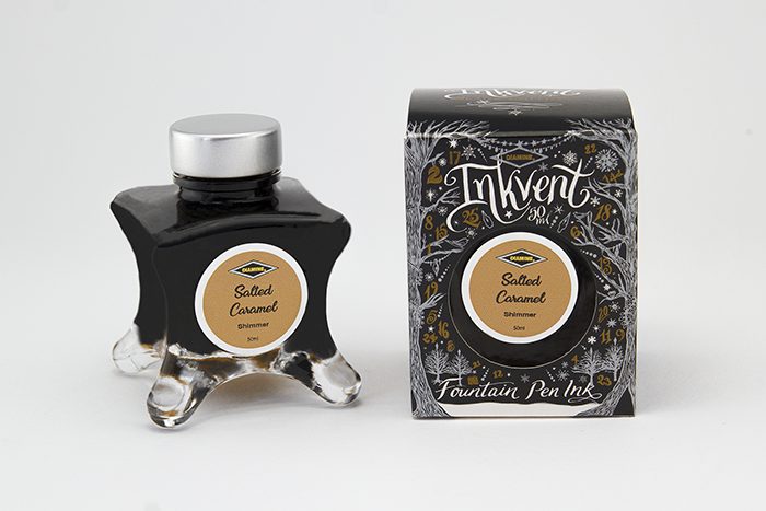 Diamine Salted Caramel fountain pen ink bottle and packaging on a white background.