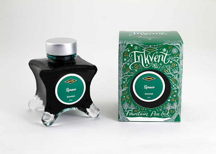 Diamine Spruce fountain pen ink bottle and packaging on a white background.