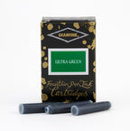 Diamine Ultra Green fountain pen ink cartridges and packaging box on a white background.