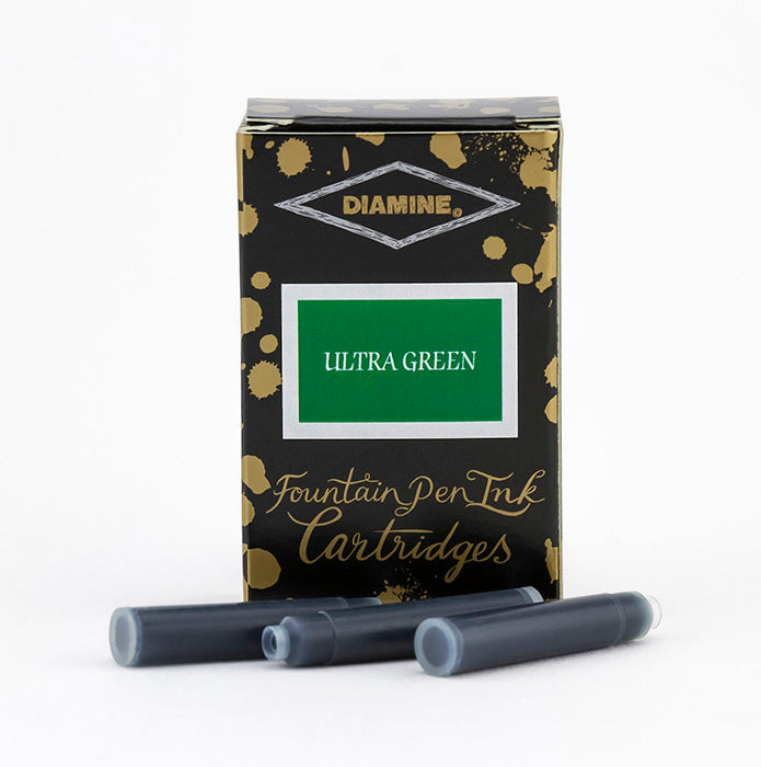 Diamine Ultra Green fountain pen ink cartridges and packaging box on a white background.