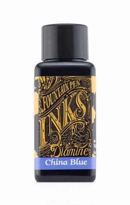 Diamine China Blue fountain pen ink bottle and packaging on a white background.
