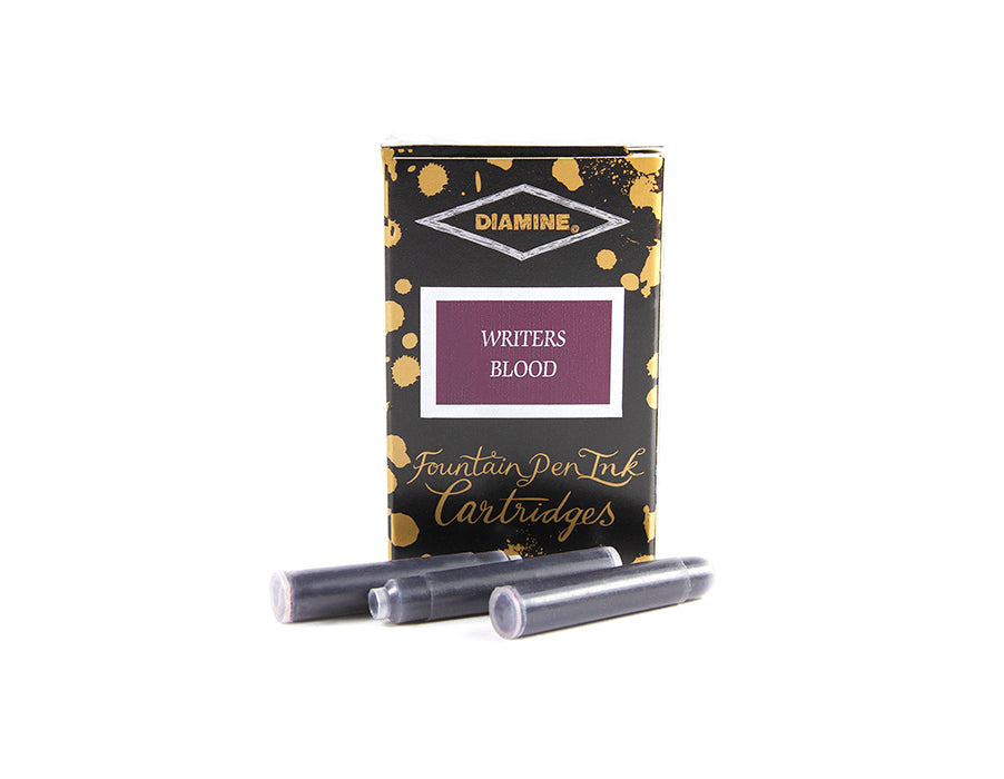 Diamine Writer's Blood fountain pen ink cartridges and packaging box on a white background.