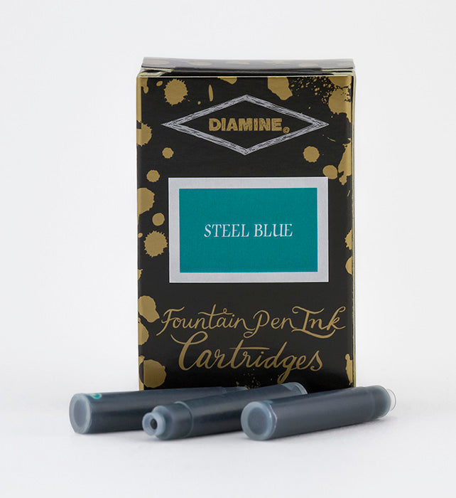 Diamine Steel Blue fountain pen ink cartridges and packaging box on a white background.