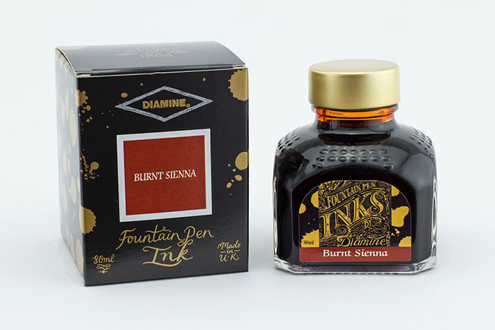 Diamine Burnt Sienna fountain pen ink bottle and packaging on a white background.