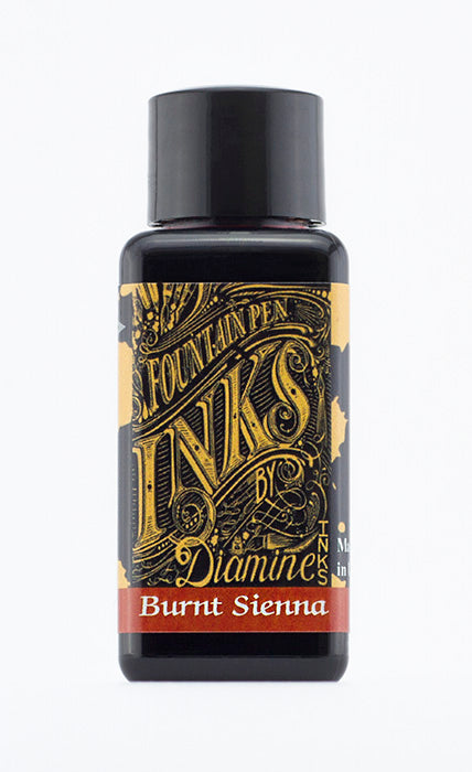 Diamine Burnt Sienna fountain pen ink bottle and packaging on a white background.