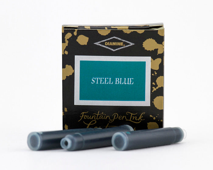 Diamine Steel Blue fountain pen ink cartridges and packaging box on a white background.